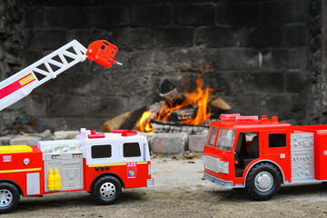 Toy firetrucks help out at a real fire