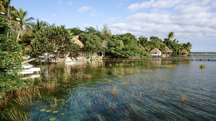 Bacalar Lagoon water at Lake Bacalar in Quintana Roo, Mexico.