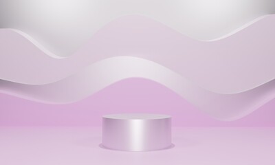 Scene with podium for mock up presentation in pink color and minimalist style with waves and copy space, 3d render abstract background