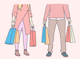 Shopping, sale, choice, store, buy concept. Young couple carrying a shopping bag. Hand drawn thin line style, vector illustrations.