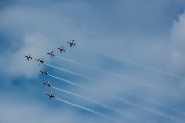 Patrouille Acrobatique de France (acrobatic patrol of France) - precision aerobatic demonstration team of French Air Force on 51st International Paris Salon (Le Bourget). PARIS, FRANCE. 