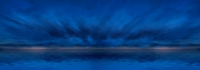 Empty futuristic dramatic scene. Abstract dark landscape, street. Neon light fluid element. Night view, neon blue light. Fantasy background. 3D illustration