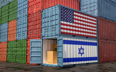 Stacks of Freight containers. USA and Israel flag. 3D Rendering