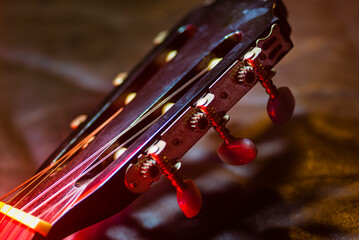 Tuning mechanics of a guitar in detail, detailed photo of tuning screws of a guitar, guitar...
