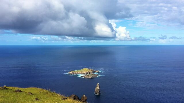 A view of an island named Moto Nui and island Moto Iti from an Orongo village on a top of Rano Kau volcano on Easter Island.