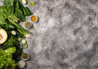 Ingredients for cooking healthy vegan food. Top view with copy space