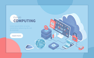 Cloud computing, data storage, database system. Cloud storage server, data backup and exchange. Secure communication process. Isometric vector illustration for poster, presentation, banner, website.