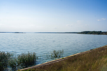 Landscape overlooking the lake with a forest shore