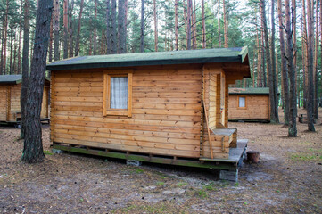 Camping wooden cabin in a pine forest. 24 September 2020, Minsk Belarus