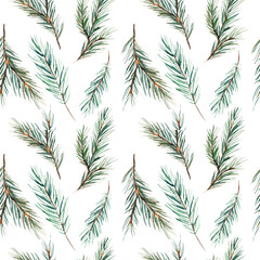 Watercolor illustration. Fir branches seamless pattern. Seamless design for background, paper, fabric.