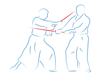 Aikido combat between athletes, stylized vector illustration