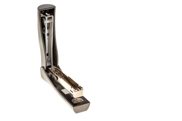 Close up view of open stapler isolated on white background. Stationery concept background.