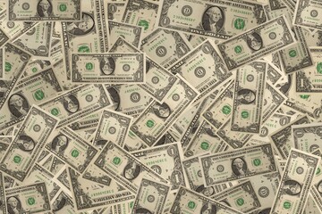 Close up view of heap one dollar bills lying on  surface. Banknote. Money concept background.