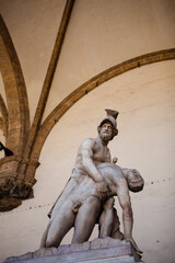 The stone sculptures of 
Menelaus and Patroclus (also known as the Pasquino Group) in Loggia dei Lanzi in Florence, Tuscany, Italy. A Roman marble copy of a Greek statue from Pergamon. European art