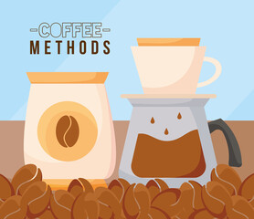 coffee methods with beans bag and pot vector design