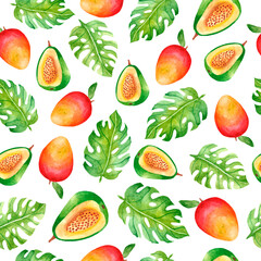 Watercolor seamless pattern with tropical guava. Pattern with fruit. Watercolor fabric design with guava leaves. Design of dishes, Wallpaper, and clothing. Tropical leaves, herbs.