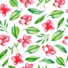Watercolor seamless pattern with tropical hibiscus. Design for dresses with red flowers. Seamless illustration with hibiscus for decoration of Wallpaper, fabrics, dishes, postcards. Watercolor flower 