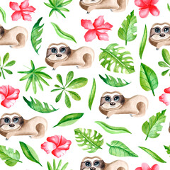 Watercolor seamless pattern with sloths, leaves and flowers on a white background. Tropical animals and plants in watercolour technique for decoration of clothing, fabric, packaging paper.