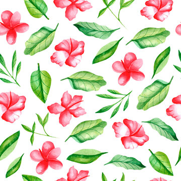 Watercolor seamless pattern with tropical hibiscus. Design for dresses with red flowers. Seamless illustration with hibiscus for decoration of Wallpaper, fabrics, dishes, postcards. Watercolor flower 