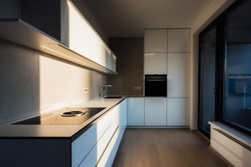 New modern white kitchen in minimalist design, during morning sunrise hour, with modern appliances, wall-sockets and premium materials such as glass, concrete, stainless steel and wooden floor.