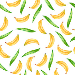 Watercolor seamless pattern with tropical bananas. Design for dresses with bananas. Seamless fruit illustration for Wallpaper, fabrics, tableware, and postcards. The watercolor fruit design. 