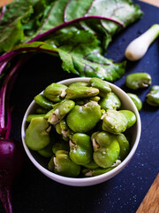 Broad beans with beetroots, feta cheese, garlic and onion 