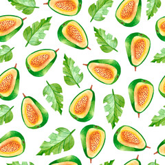 Watercolor seamless pattern with tropical guava. Pattern with fruit. Watercolor fabric design with guava leaves. Design of dishes, Wallpaper, and clothing. Tropical leaves, herbs.