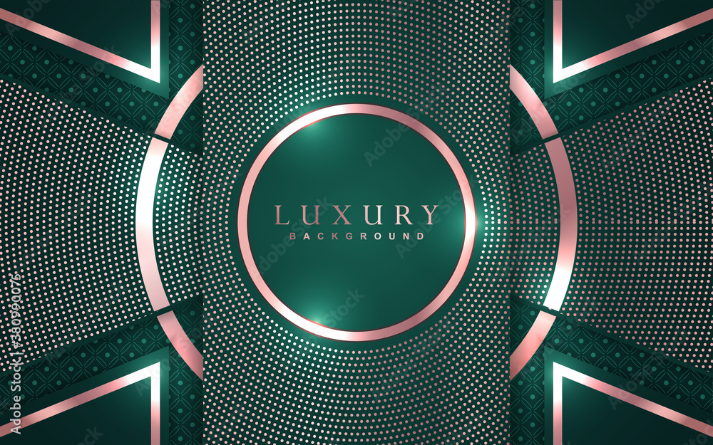 Poster luxury background with abstract paper shape. green color overlap texture golden light element glitte