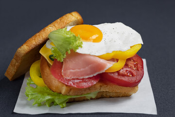 Homemade double sandwich with fried egg, pepper, tomato, salad casts, cheese and bacon for breakfast.