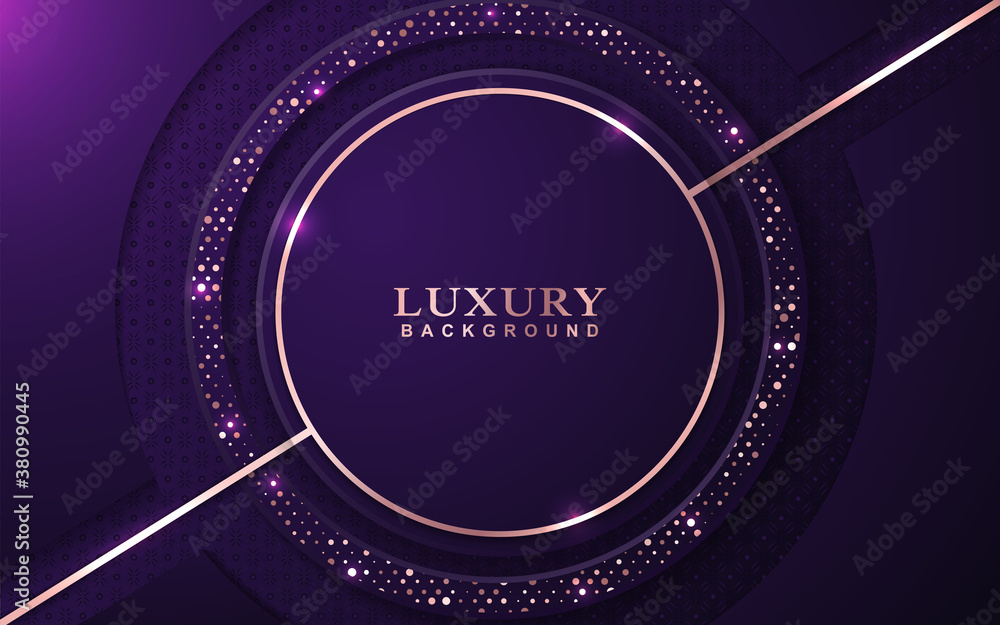Poster luxury background with abstract paper shape. purple color overlap texture golden light element glitt