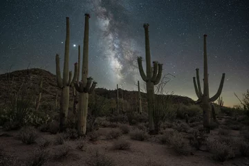 Schilderijen op glas Milky Way Galaxy in the desert with Saguaro cactus in Arizona © Michael