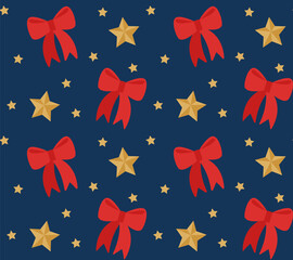 Seamless pattern background with red bows and gold stars. Vector backdrop for holiday decorating greeting cards for new year, Christmas.