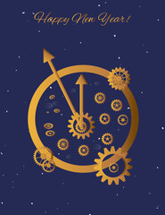Greeting card with a gold watch on a blue background. Holiday, time and work relationship concept. New Year's clock is decorated with golden gears. Vector image