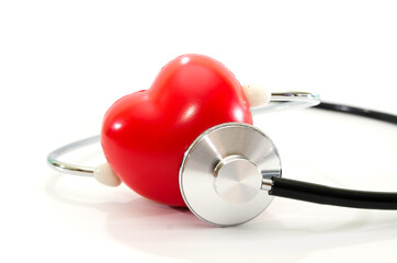 Red heart and stethoscope isolated on white background. Health concept.