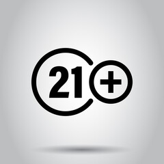 Twenty one plus icon in flat style. 21+ vector illustration on white isolated background. Censored business concept.