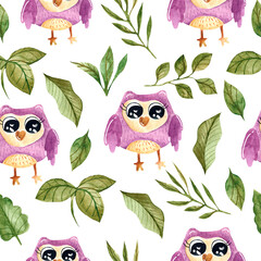 Watercolor seamless pattern with owls, violets, leaves, herbs. Watercolor design for dresses, clothing, Wallpaper, fabrics. Seamless pattern with birds, flowers, and plants. 