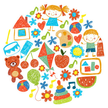 Kindgergarten vector pattern. Kids drawing style. Children play and grow, creativity and imagination. School student.