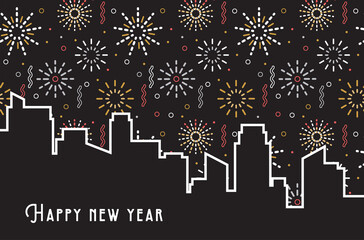 Fototapeta na wymiar Happy New Year- 2021 . Fireworks over a city skyline. New Year, social media promotional content. Vector illustration