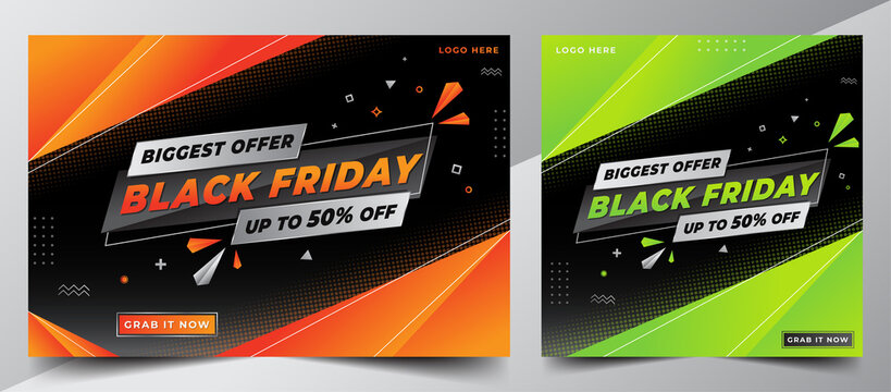 Black Friday Sale Offer Design Banner Template pack for Social Media Post and Web with beautiful orange and green gradient color on abstract black background