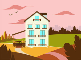 Autumn three-dimensional landscape with house on the field and city at the background