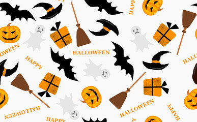 Seamless pattern in the style of Halloween.  Pattern with magician's hat, broom, bat, Jack's pumpkin, gift, ghost.