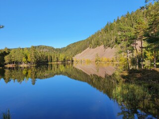 reflection of the sky and mountains in the blue water of the lake - Strømsdammen