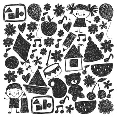 Kindgergarten vector pattern. Kids drawing style. Children play and grow, creativity and imagination. School student.