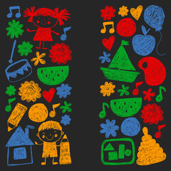 Kindgergarten vector pattern. Kids drawing style. Children play and grow, creativity and imagination. School student.