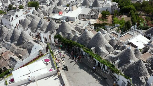 Beautiful aerial view of the traditional trulli houses in Alberobello, province Bari, region Puglia, Italy