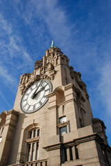 Fototapeta na wymiar The iconic Liver Building on the waterfront next to the River Mersey in Liverpool. UK