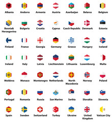 Europe all countries' flags. Hexagon flat style icons set