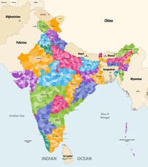 Map of India with neighbouring countries and territories. Indian map colored by states and showing districts boundaries inside each state. Vector illustration