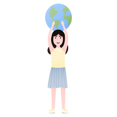 Cute girl holding planet for earth day, environment conservation concept, funny cartoon character