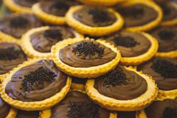 A delicious Italian chocolate rum cake (biscuits) with chocolate and butter cream at the local bakery in Bergamo, Lombardy, Italy. European traditional dessert. 